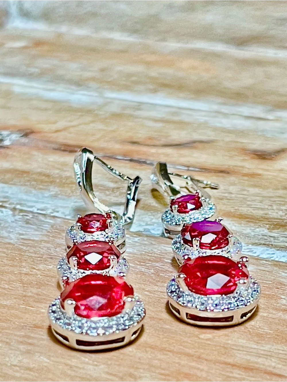 Ruby Drop Triple Red Halo Dangle Earrings - Women's Sparkling Jewelry - Picture 3 of 5